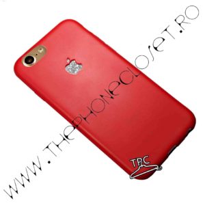 Husa din silicon dens iPhone 8 logo decupat Red Mat si sticker logo sclipici Silver