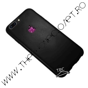 Husa iPhone 7 Plus logo decupat si Sticker Sclipici Black Mov