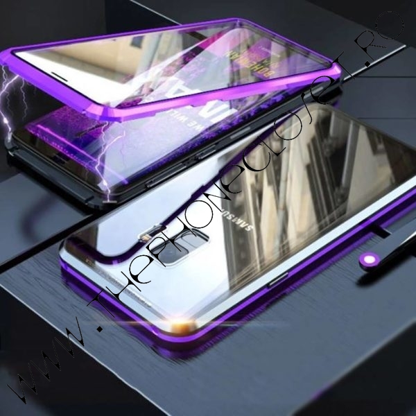 Husa Bumper Magnetic si Sticla Fata Spate Samsung S9 Plus Mov