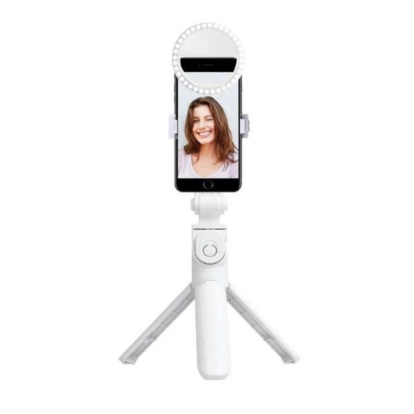 Selfie stick 3 in 1 cu ring light LED detasabil White